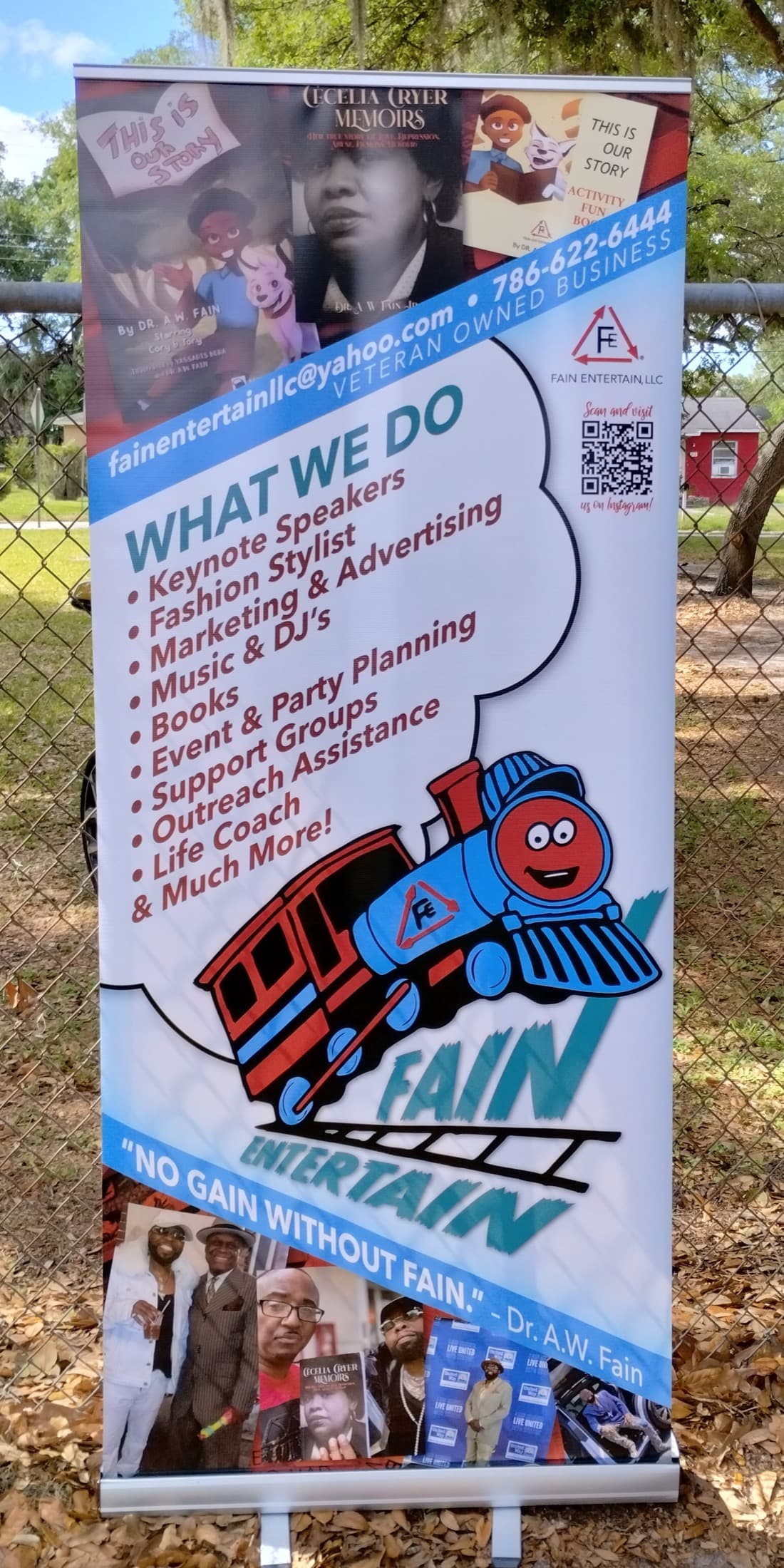 Outdoor Fain Entertain LLC marketing banner with book covers, services, phone number, and veteran-owned business message